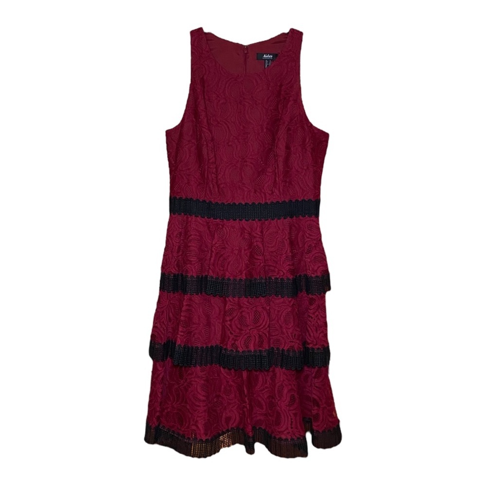 Aidan Mattox Lace Tiered Dress Size 8 Ruffled Lace A Line Burgundy Red Black - Picture 2 of 7